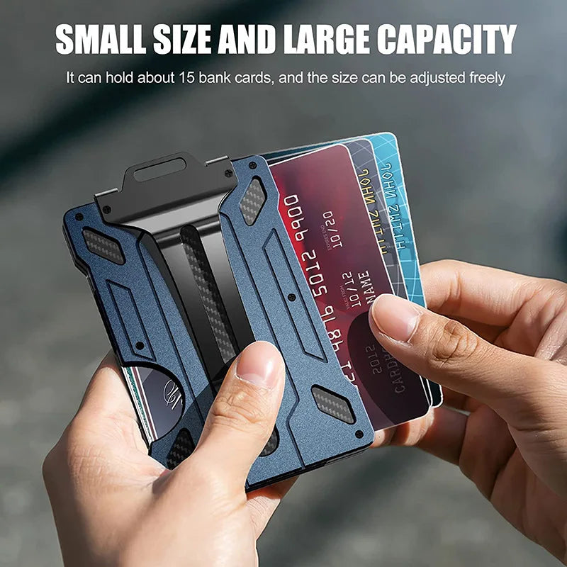 Durable Card Holder - Minimalist Carbon Fiber RFID Blocking Wallet for Men – Slim Metal Credit Card Holder with Mechanical Pop-Up Access – Lightweight Aluminum EDC Front Pocket Wallet