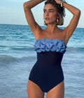 Blue Floral Tube Top Swimsuit One-Piece Bikini Beachwear