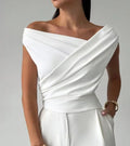 Elegant Off-Shoulder Draped Wrap Top – Pleated Asymmetric Short Sleeve Blouse – Chic White Slim Fit Bodysuit Style Top for Formal Events & Office Wear