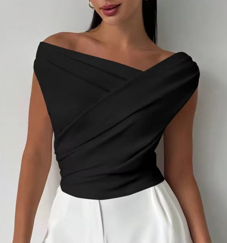 Elegant Off-Shoulder Draped Wrap Top – Pleated Asymmetric Short Sleeve Blouse – Chic White Slim Fit Bodysuit Style Top for Formal Events & Office Wear