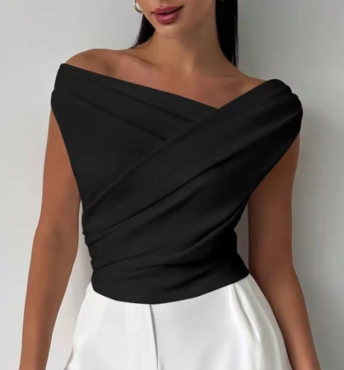 Elegant Off-Shoulder Draped Wrap Top – Pleated Asymmetric Short Sleeve Blouse – Chic White Slim Fit Bodysuit Style Top for Formal Events & Office Wear