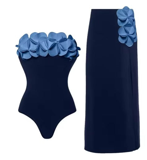 Blue Floral Tube Top Swimsuit One-Piece Bikini Beachwear